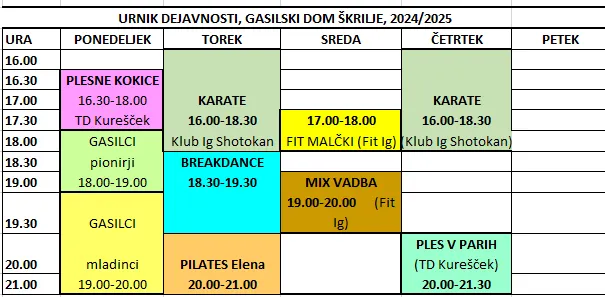URNIK DEJAVNOSTI V SEZONI 2024/2025 V DVORANI PGD ŠKRILJE