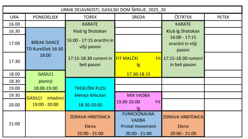 URNIK DEJAVNOSTI V SEZONI 2025-2026